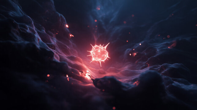 A single, complex, glowing molecule emerges from a dark, primordial aqueous solution, symbolizing the spark of life.