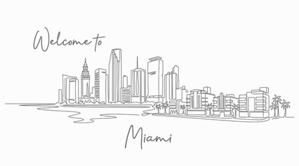 Naklejka premium Miami Skyline Line Art Illustration, Elegant Cityscape, Monochrome