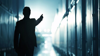 Fototapeta premium The dark figure of a manager points towards a line of trucks and containers, representing the seamless flow of logistics and transportation operations.