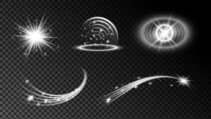 Set of futuristic glowing portals with luminous orbit lines, radiant stars, sparkling particles and comet light trails isolated on transparent background. Modern sci fi overlays for cinematic graphics © Artem Kabushka