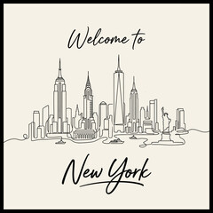 Fototapeta premium New York City Skyline Illustration, Line Art, Beige Background