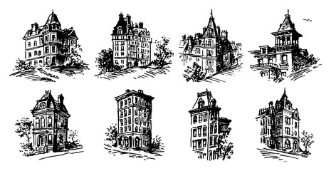 Fototapeta premium Victorian townhouses and historic city buildings in vintage hand drawn sketch style