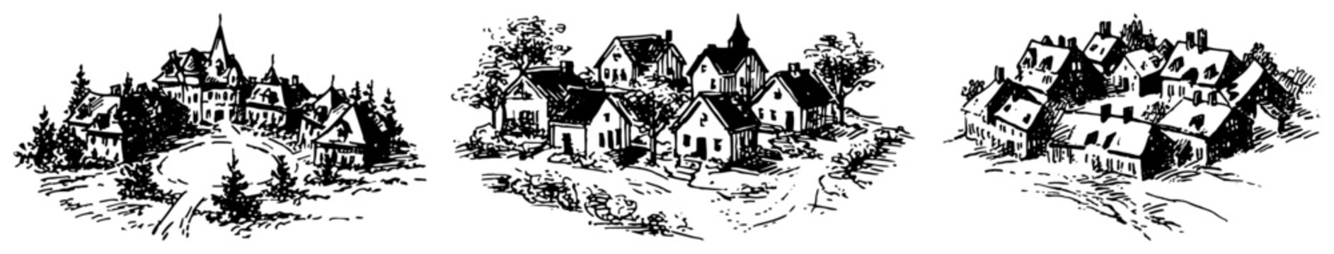 European country villages with small traditional houses and church towers in vintage sketch style
