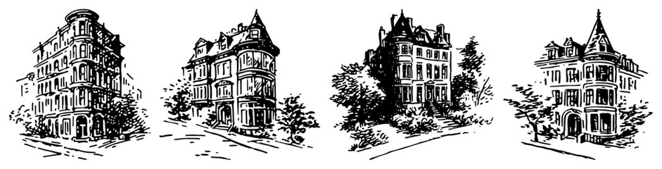 Naklejka premium Victorian mansions and historic estate residences in vintage engraving style