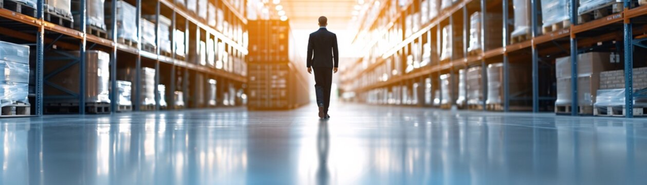 Silhouette of a manager walking through a warehouse, surrounded by cargo and inventory, with plenty of space for text.