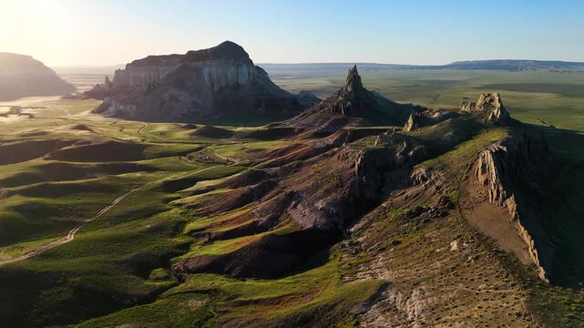 Drone flight at sunset in the Ayrakty Castle Valley in Mangystau, Kazakhstan