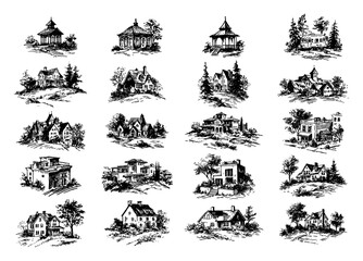 Obraz premium Architectural elements collection including garden gazebos cottages and modern villas in vintage engraving style