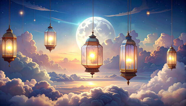 Lanterns hanging in the sky with full moon and clouds