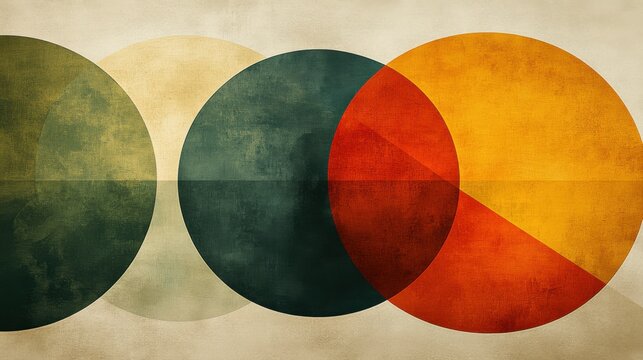 Geometric abstraction features overlapping circular shapes with vintage tones creating a visual composition of color and form