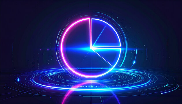 Neon glowing pie chart with futuristic blue and pink lights