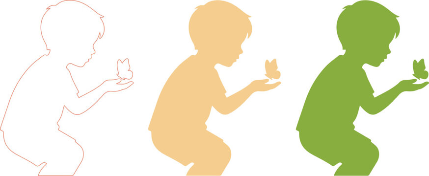 Minimalist boy silhouette holding a butterfly, childhood wonder and nature exploration vector, green and orange kid profile set isolated on White Background