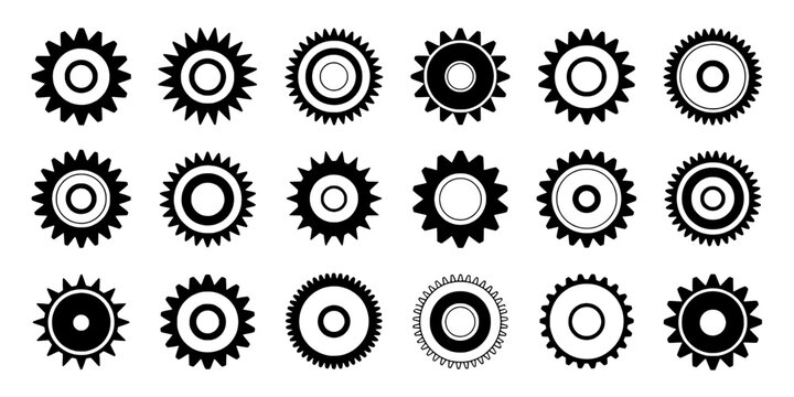 Gears mechanical set with various designs and patterns featuring design, black and white, industrial with machinery and engineering elements, clean