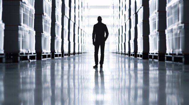 Silhouette of a manager inspecting cargo pallets in a large warehouse, providing plenty of room for text.