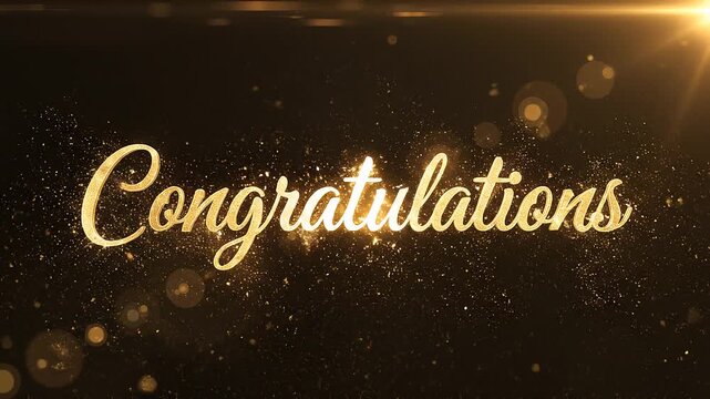 Golden glittering particle swirl animation revealing Congratulations text on dark background with bokeh light effects. Luxury celebration greeting.