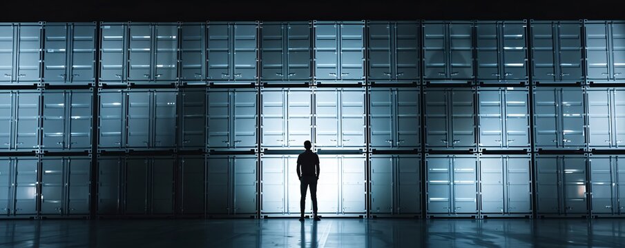 Silhouette of a manager standing amidst organized cargo stacks in a warehouse, with ample copy space for messaging.