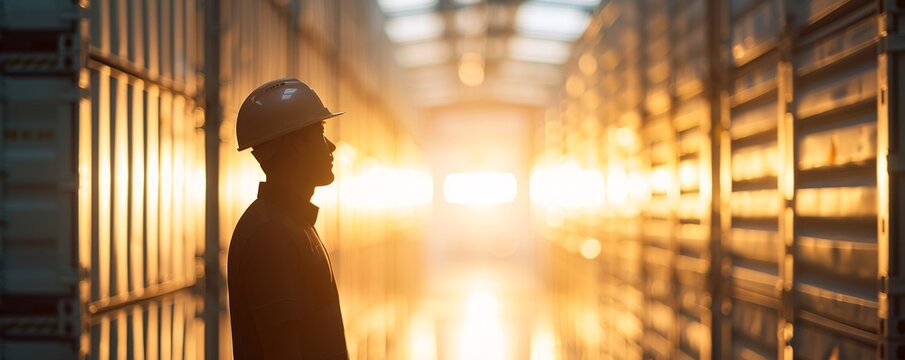 Silhouette of a manager standing amidst organized cargo stacks in a warehouse, with ample copy space for messaging.