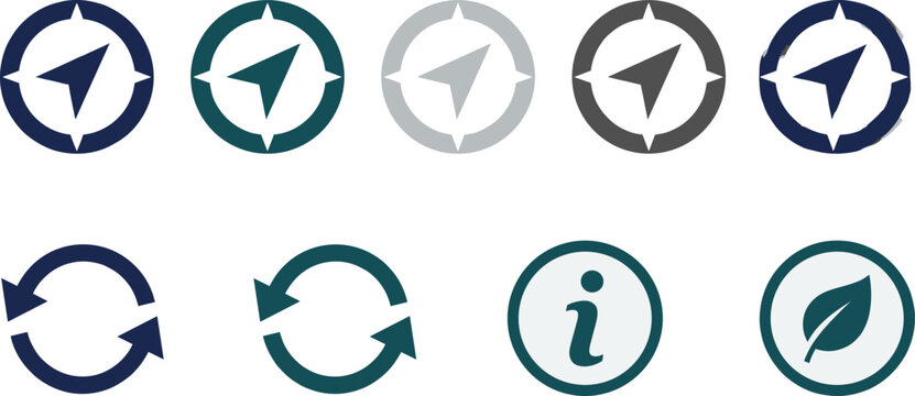 Circular Navigation Compass Icon Set with Refresh Sync Arrows Information Help Desk and Green Eco Leaf Symbols