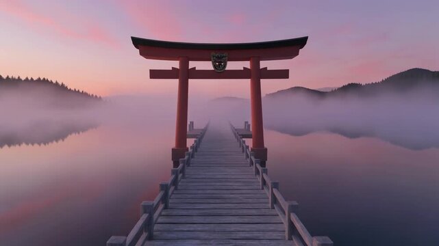Cinematic slow-motion of a traditional red Japanese Torii gate standing on a wooden bridge over misty water at dawn, with reflections
