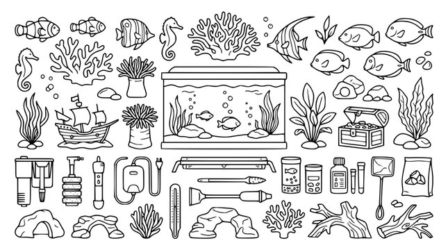 Aquarium fish and fishkeeping equipment doodle set line art icons