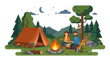 Fototapeta premium Flat vector illustration of happy campers sitting near a campfire beside a tent in a forest at night with mountains, trees, moon, and outdoor adventure atmosphere.