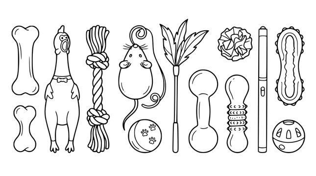 Vector set of pet toys for cats and dogs black and white line art