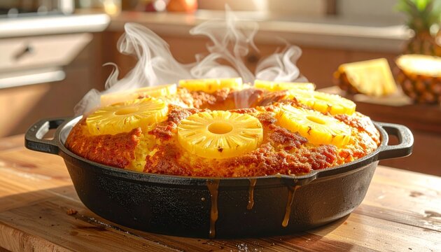 Steaming Pineapple Upside Down Cake Freshly Baked and Ready to Serve