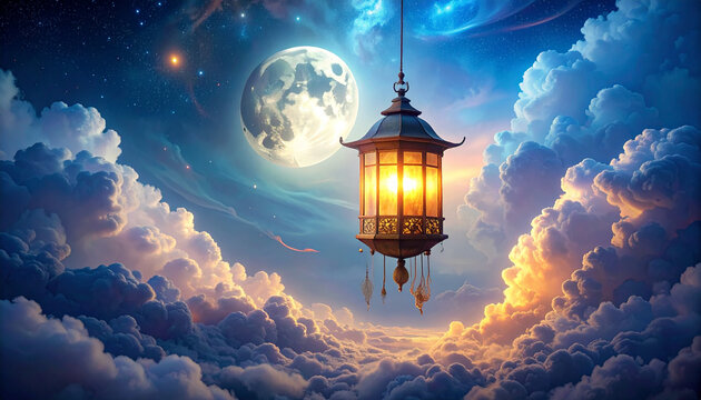 Lantern hanging in the sky with clouds and moon