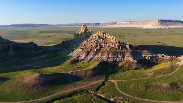 Drone flight at sunset in the Ayrakty Castle Valley in Mangystau, Kazakhstan