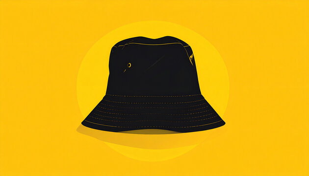 Black bucket hat with yellow stitching isolated