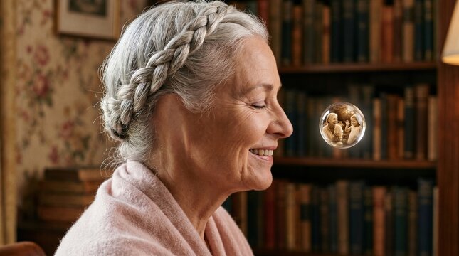  A woman whose missing ear is replaced by a tiny floating glass orb that echoes the last thing she loved hearing
