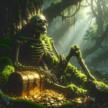 A skeleton sits with a chest in a sunlit forest