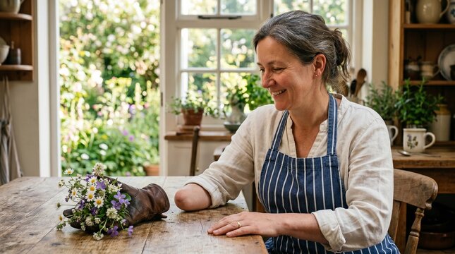A woman with a missing hand, the missing hand&rsquo;s leather glove lying on a table beside her, filled with flowers