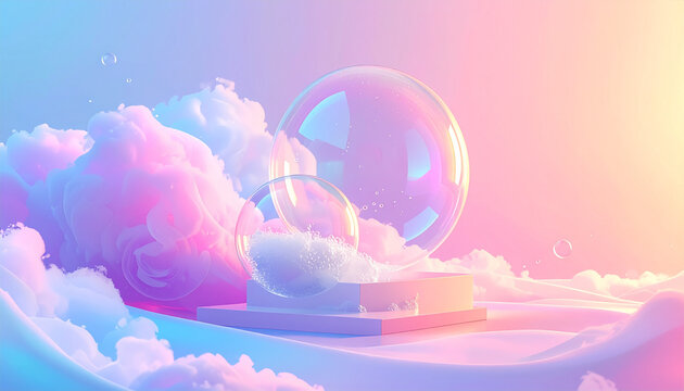 Pastel colored fantasy scene with clouds and bubbles