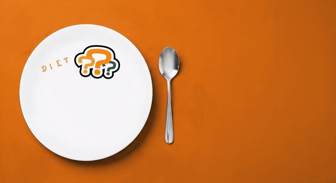 Diet confusion concept, empty white plate with question marks and spoon on orange background with copy space
