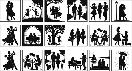 Obraz premium Romantic Couple and Family Silhouette Icons Collection with Dancing Walking Dating and Outdoor Lifestyle Scenes