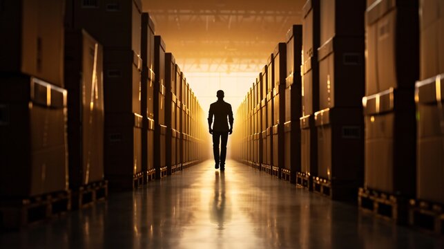 In a dimly lit warehouse, the silhouette of a manager walks between rows of cargo, creating a striking visual with plenty of copy space.