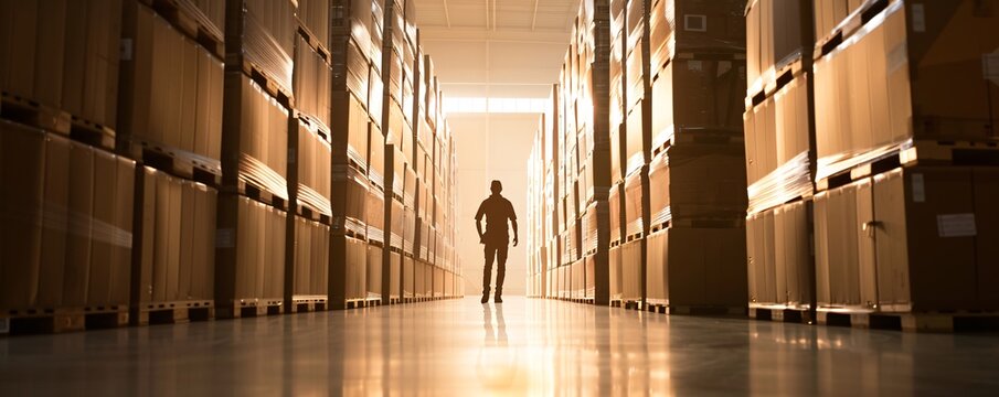 In a spacious storage facility, the silhouette of a manager is seen walking between towering stacks of cargo. The scene is backlit, creating a striking contrast and leaving plenty of copy space.
