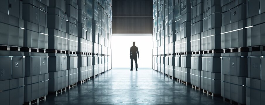 In a spacious storage facility, the silhouette of a manager is seen walking between towering stacks of cargo. The scene is backlit, creating a striking contrast and leaving plenty of copy space.