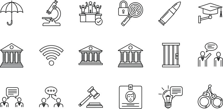 Law and Justice Line Icon Set for Court Systems Legal Services Crime Investigation and Government Compliance