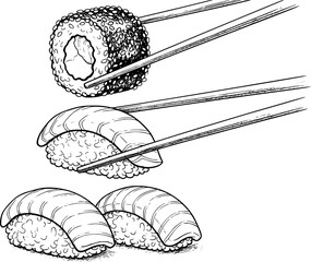 Hand-drawn black and white sushi and maki roll with chopsticks white background salmon © Milon