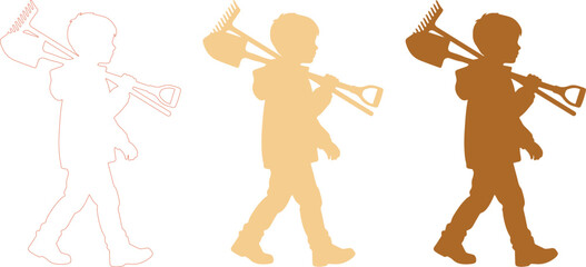 Little boy gardener silhouette vector set, child walking with shovel and rake garden tools, young farmer boy in brown and beige earth tones isolated on White Background © noor