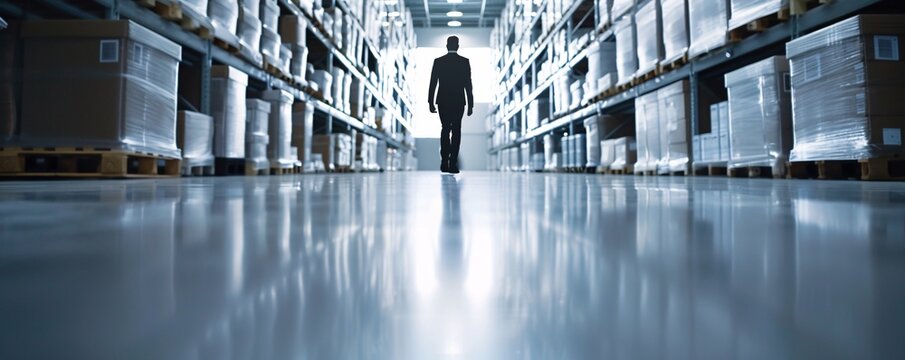 Against the backdrop of a well-organized warehouse, the silhouette of a manager is seen walking between aisles of cargo, with significant copy space available.