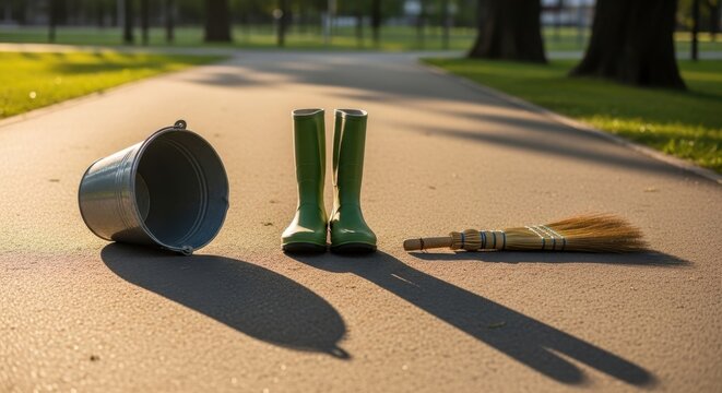Gardening Essentials Left Behind: A worn bucket, a pair of green rubber boots, and a broom lie on a sun-drenched pathway, evoking a sense of interrupted work and quiet solitude.