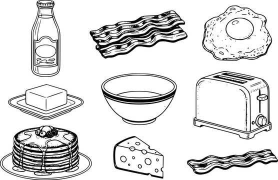 Hand-drawn breakfast food pancakes, bacon, eggs, toast, milk, butter, cheese, and cereal bowl