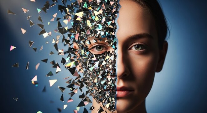 Shattered Identity: A striking portrait of a young woman whose face is dissolving into a cascade of glittering shards, evoking themes of fragmentation and introspection.