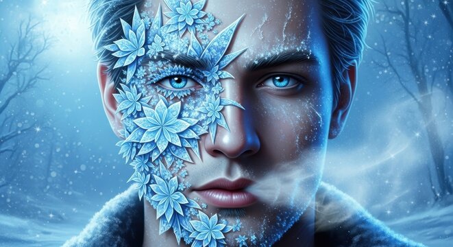 Winter's Embrace: A striking portrait of a man whose face is partially covered in intricate ice crystals and frost, with a soft glow emanating from his piercing blue eyes.