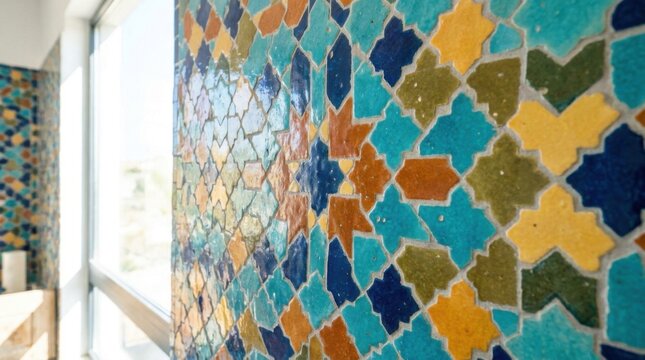 Close-up of traditional Moroccan zellige wall featuring interlocking geometric mosaic tiles in teal, blue, yellow and ochre. Detailed star and cross patterns on glazed ceramic surface.