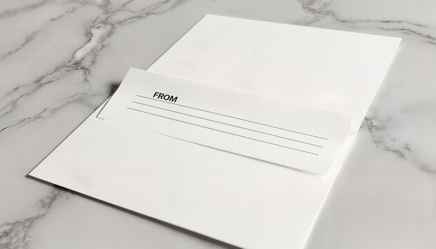 Blank Postcard with 'FROM' Label on Marble Surface lies suggesting moment of writing or sending