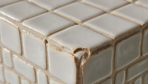 Cracked Mosaic Tile Corner close-up of white with noticeable showing the texture and grout