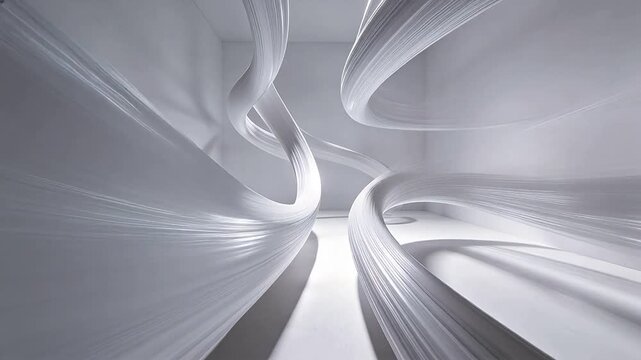 Minimalist white space with abstract silver curved tubular structures